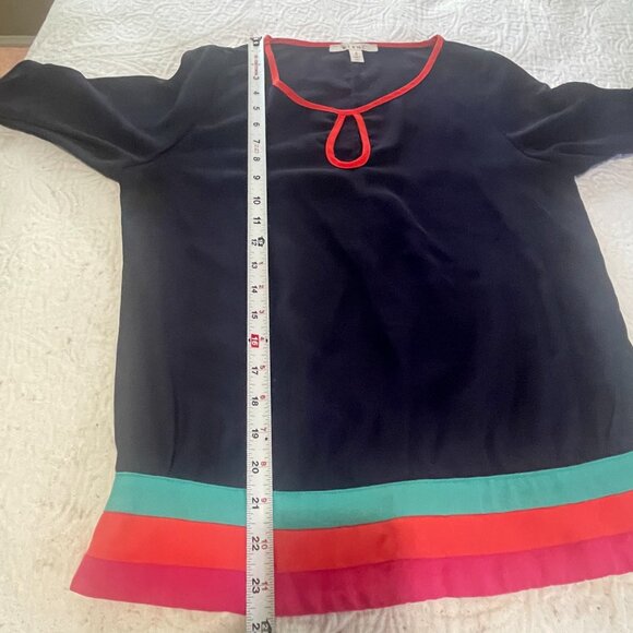 Miami Navy Blue Long‎ Sleeve Blouse Top Keyhole Neckline Colorblock Retro Sz S - Picture 3 of 8